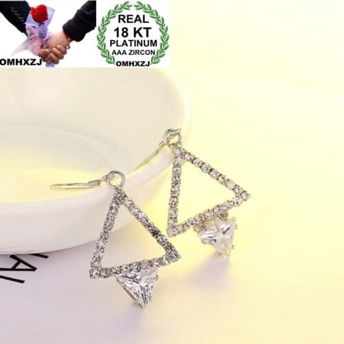 OMHXZJ Wholesale Personality Fashion OL Woman Girl Party Wedding White Triangle Zircon 18KT White Gold Earrings YE357