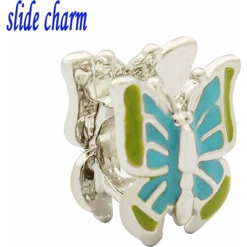 Slide charm 2018 Valentines Day gift for children and blue enamel butterfly charm beads fit Pandora charm bracelets