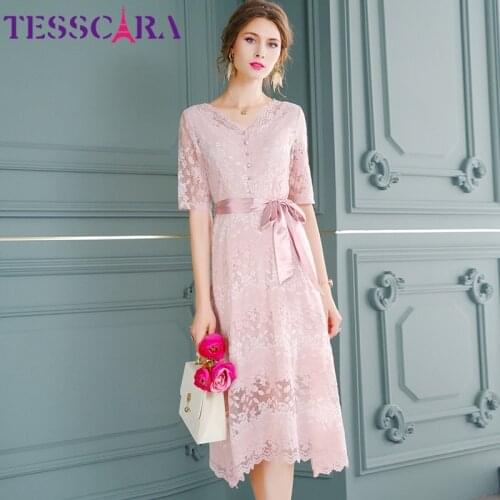 TESSCARA Women Summer Elegant Pink Lace Dress Festa High Quality Long Wedding Party Robe Femme Vintage Designer Evening Vestidos