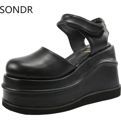 Women Lolita Belt Round Toe Gothic Punk Pumps Shoes Platform Wedge High 12CM Heel Creepers Japanese Harajuku Dark JK Retro