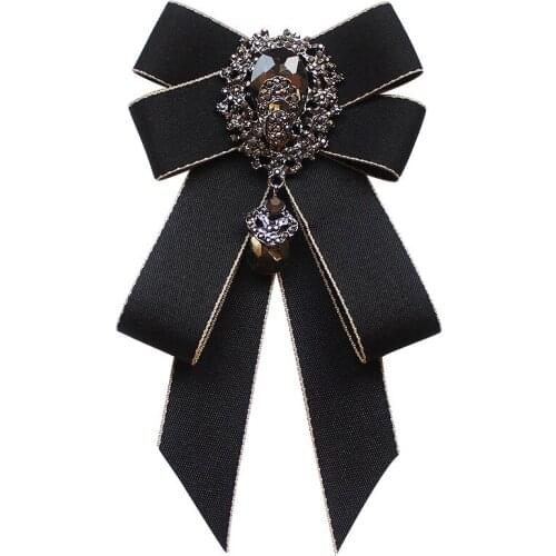 Korean Handmade Ribbon Bow Tie Brooch Female Rhinestone Crystal Necktie British Style Mens Suit Shirt Collar Wedding Jewelry