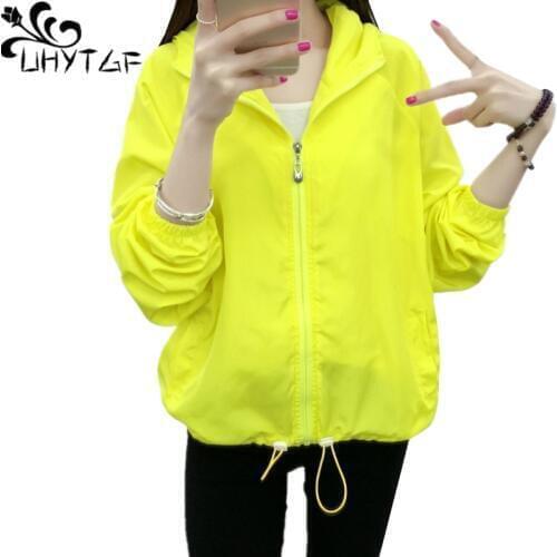 UHYTGF Hooded Sun protection clothing casual Summer jacket long sleeve zipper loose plus size coat elegant womens thin tops 1479