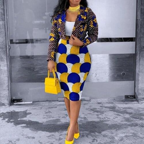 Two Piece Sets vintage tops +skirts autumn elegant 2021 women sets printed office lady dinner work sets suits