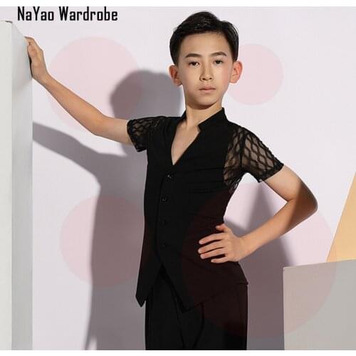 G5054 See through Patchwork Kids Latin Dance Tops V Neck Design Male Latin Dancing Tops Belly Ballroom Tango Dresses