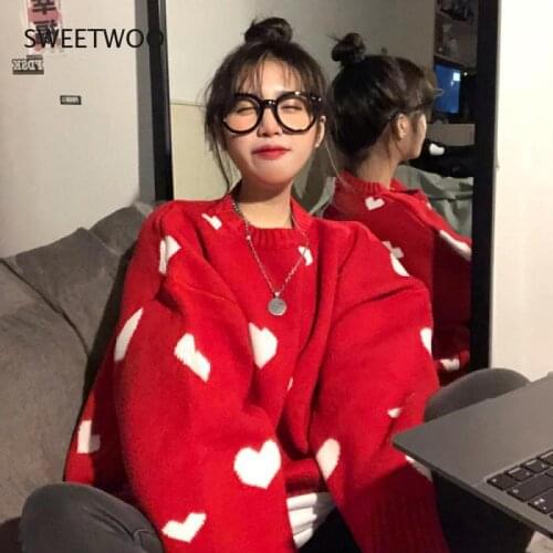 2021 Autumn Winter Women Sweater Korean Love Heart Knitted Pullover Tops Causal Long Sleeve O-Neck Pull Femme