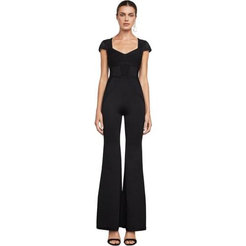 New Arrival Womens Black Jumpsuit New Fashion Bandage Jacquard Flare Pants Jumpsuits Celebrity Party Night Jumpsuit Mono