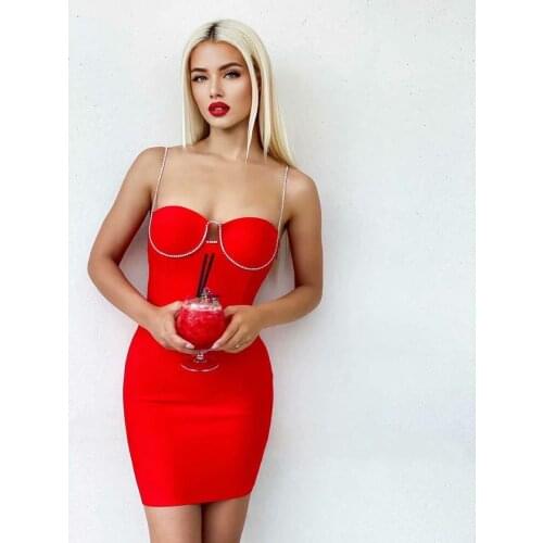 2021 New Arrival Good Quality Summer Women red black beige diamonds straps bandage Dress Party Eveing Dress Wholesale