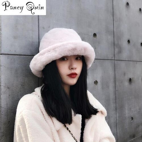 Winter Women Flat Top Cap Fur Thick Warm Bucket Hats Casual Solid Color Ladies Fur Winter All Matched Warm Walking Hat