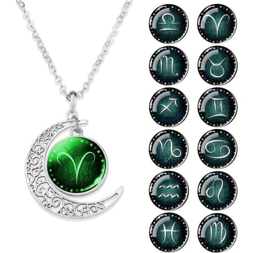 1pc 12 Constellation Crescent Moon Pendant Necklaces Glass Jewelry Zodiac Signs Necklace Fashion Jewelry Women Birthday Gifts