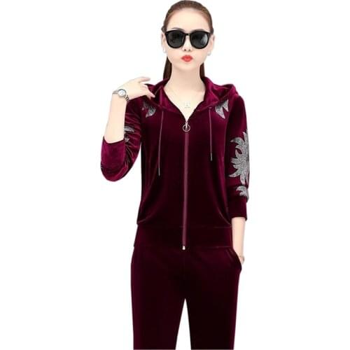 2021 Spring Autumn Women Gold Velvet Two-Piece Suit Diamond Hooded Sportswear Set Plus Size Trousers Pleuche 2-Piece Sets KW514