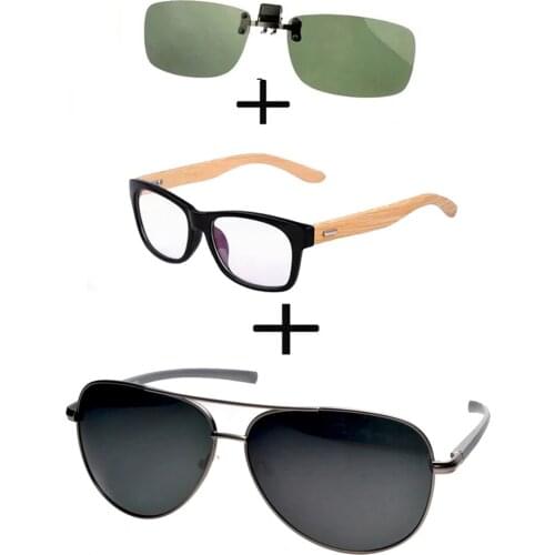 3Pcs!!! Comfortable Wood Squared Frame Reading Glasses Men Women + Alloy Polarized Sunglasses Pilot Driving + Sunglasses Clip