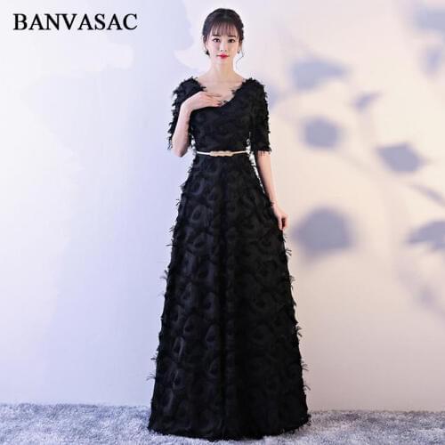 BANVASAC 2018 V Neck Feathers A Line Long Evening Dresses Party Half Sleeve Sequined Leaf Sash Backless Prom Gowns