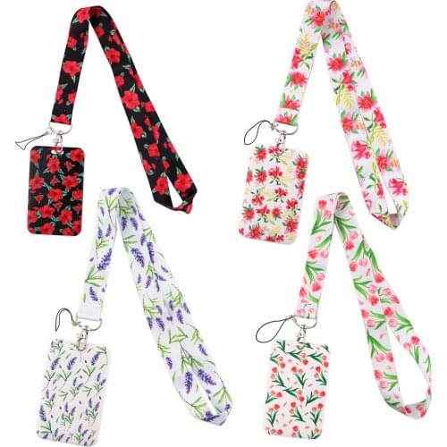 CB499 New Flower Red Lanyard Credit Card ID Badge Holder Key Ring Bag Student Woman Travel Bank Bus Business Card Cover keychain