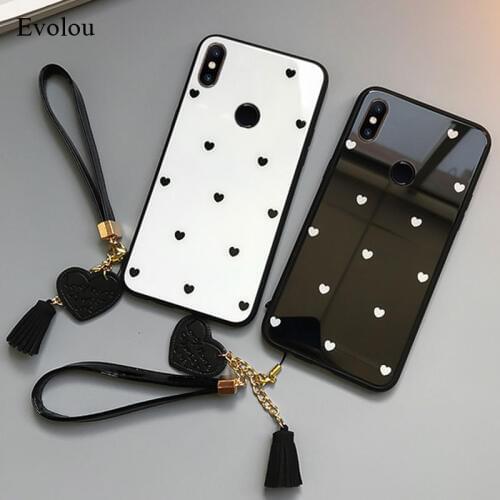 For Xiaomi Mi 9 SE 5X 6X 8 Lite Mix 2S Note 3 Max 2 Play CC9E A3 lite Case Tempered Glass Love Heart Back Cover Tassel Lanyard