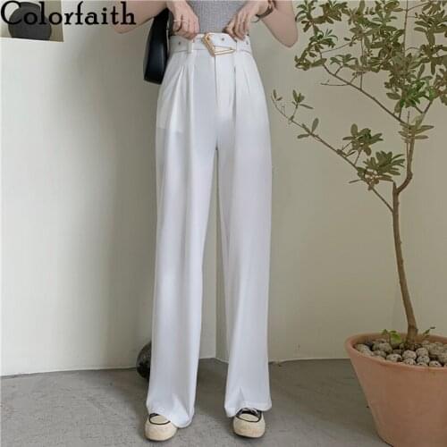 Colorfaith New 2021 Summer Autumn Women Pants High Waist Straight With Sashes Loose Wild Wide Leg Ankle-Length Trousers P20068