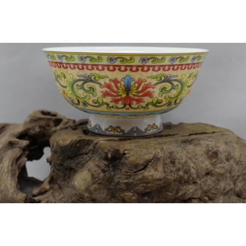 Antique QingDynasty porcelain bowl,Yellow Pastel wrapped lotus bowl #3 ,Hand-painted crafts,Collection&Adornment,Free shipping