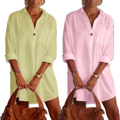 60%HOTWomen Solid Color V Neck Long Sleeve Pocket Button Loose Long Shirt Mini Dress