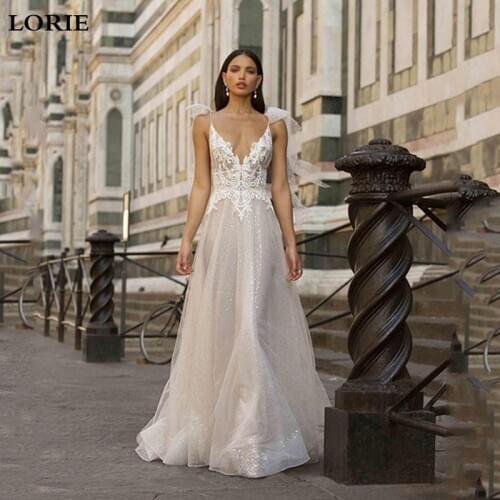 LORIE Lace Wedding Dress 2019 Glitter Tulle Vestidos de novia Spaghetti Strap Lace Sexy Bridal Gown Backless Boho Wedding Gowns