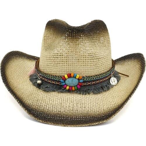 QBHAT Summer Outdoor Beach Paper Straw Hat Black Spray Paint Unisex Women Panama Style Cowboy Cowgirl Hats Large Brim Sunhat