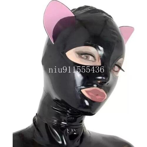 Handmade Natural Latex Mask Rubber Hood Cat Ear Cosplay Fetish with Back Zipper Club Wear Halloween Costume for Women
