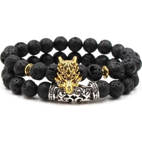 Set Natural Lava Hand Carved 10mm Round Bead Bracelet Fashion Boutique Jewelry Mens and Womens Set Bracelet