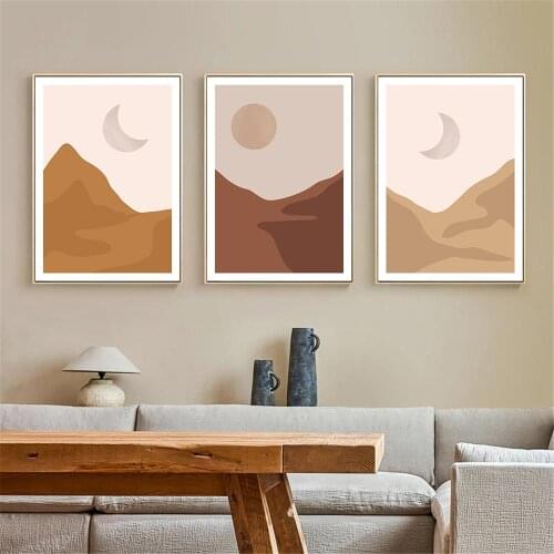 Boho Sun Moon Wall Art Poster Abstract Mountains Landscape Art Prints Middle Century Canvas Painting Modern Pictures Home Decor