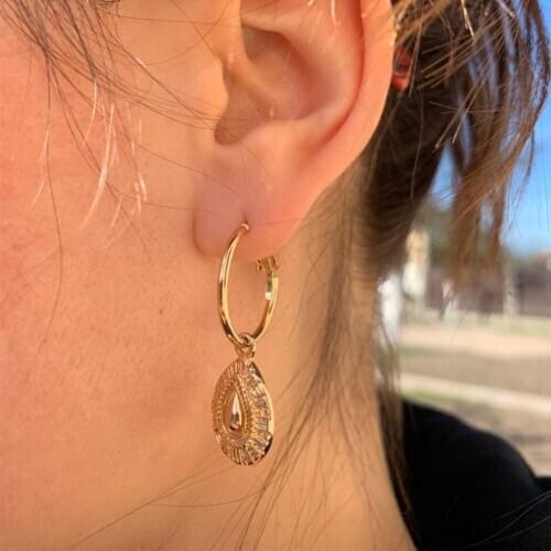 Trendy Gold Color Textured Engraved Tear Drop Charm Clutch Hoop Earrings For Women Jewelry Gorgeous