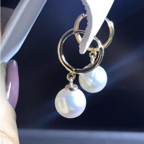A pair 10-11mm AAA south sea white round pearl dangle earrings yellow gold
