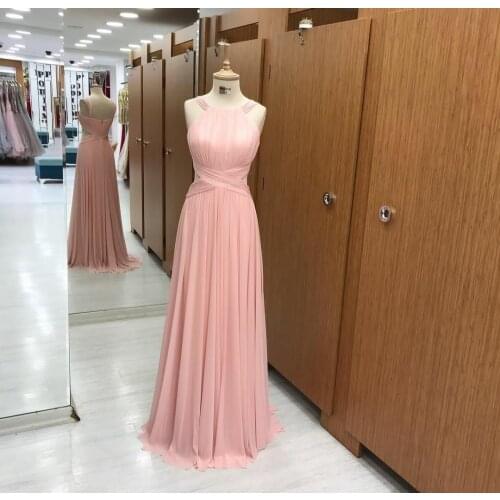 Sexy Long Pleated Halter Chiffon Evening Dresses with Pockets A-Line Zipper Back Pink Abendkleider Robes De Soirée for Women