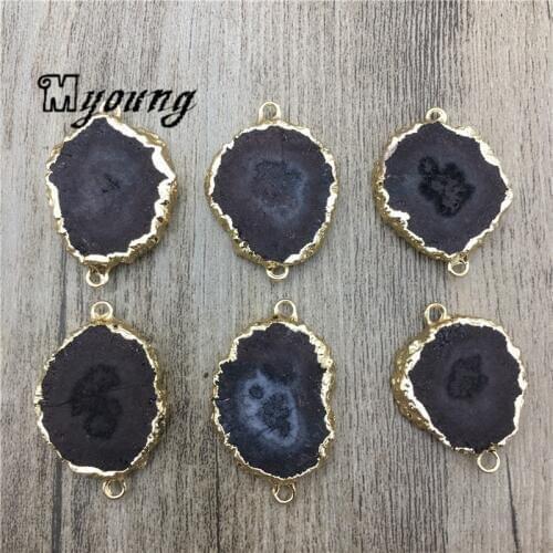 Sun Flower Shape Black Crystal Quartz Druzy Slice Connector Charm,Natural stalactite Stone Slab Pendant For DIY Jewelry MY2030