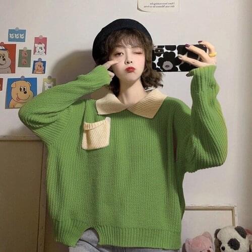 Patchwork Women Pullovers Solid Simple Turn-down Collar Spliced Stylish Loose All-match Korean Sweater Kawaii Teens Preppy Style