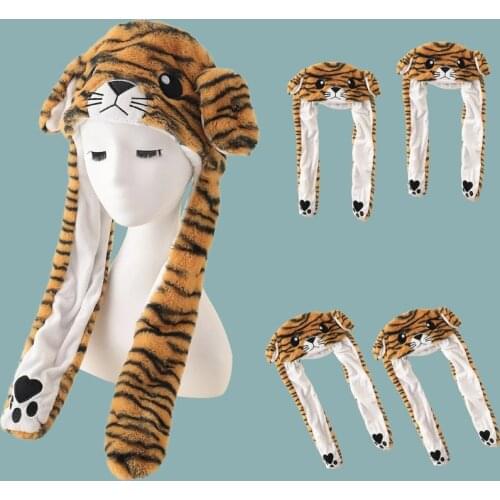Fuzzy Caps Tiger Head-Shaped with Stripes and Moving Ears Achieved by Pinching Paws Caps for Warm Keeping