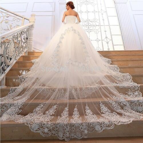 Princess luxury tube top long trailing wedding dress crystal sparkling diamond bride dress with the crystal veil