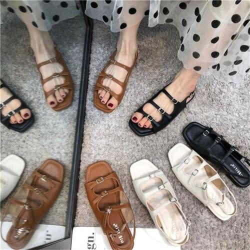 Gothic Punk Harajuku Designer Buckle Strap Rome Sandals Women Flat Platform Summer Shoes 2021 Fashion Beach Flats White Black