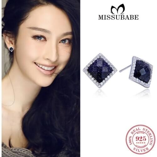 Fine Stud Earrings Zircon Real S925 Sterling Silver Square Blue Ear Studs Piercing High Quality Luxury Jewelry For Women Ladies