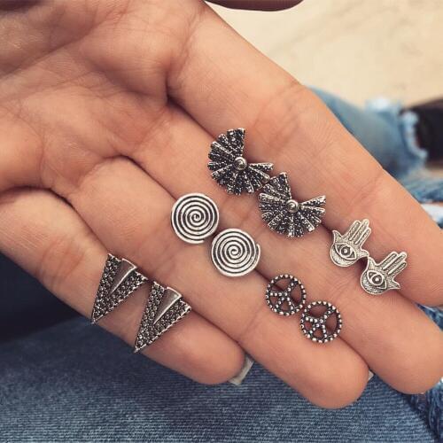 5 Pairs Vintage Bohemian Mix Design Crystal Hand Piercing Stud Earrings for Women Triangle Crown Ear Studs Cuff Earrings Set