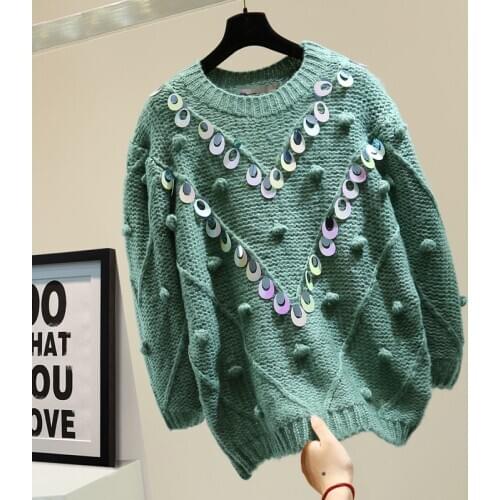 2020 Winter New Loose Round Neck Lazy Fashion Sequins Sweater Wmen Long Casual Pink Knit Pullover Long Sleeve All-Match Sweaters