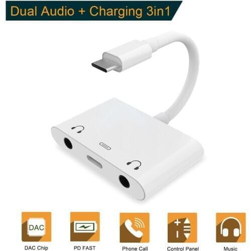 Type C To 3.5 Jack Earphone USB C Dual 3.5mm Earphone Headset Audio Cable Charging Charger OTG Adapter for Huawei P20 P30 Pro LG