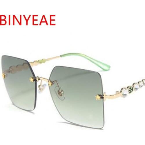 Vintage Big Square Sun Glasses Famous Brand Oversized Green Rimless Womens Sunglasses Rhinestones Star Eyewear Travel
