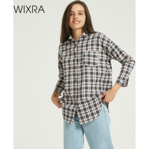 Wixra Women Stylish Plaid Blouse Ladies Casual Long Sleeve Turn-down Collar Loose Pockets Shirts Cotton Blusas Tops