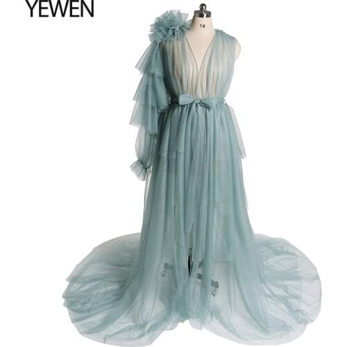 One Shoulder Long Sleeve Bean Green Maternity Dress for Photo Shoot or Baby Shower 2021 Maternity Gown YEWEN