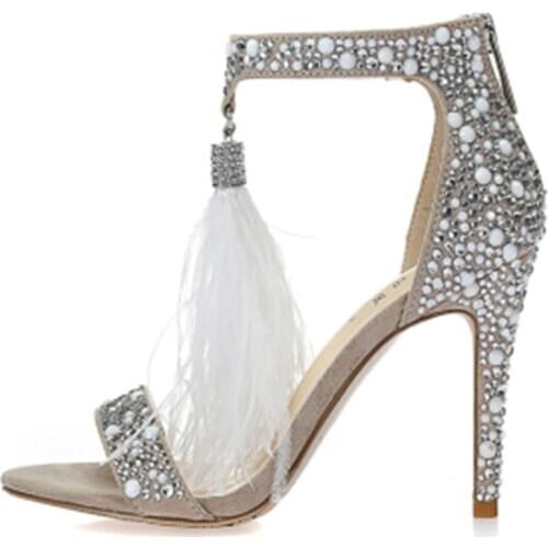 Crystal Tassel Woman Wedding Sandals One Strap Open Toe Cut Out Zipper High Heel Shoes Summer Bride Fringe Sandals Drop Shipping