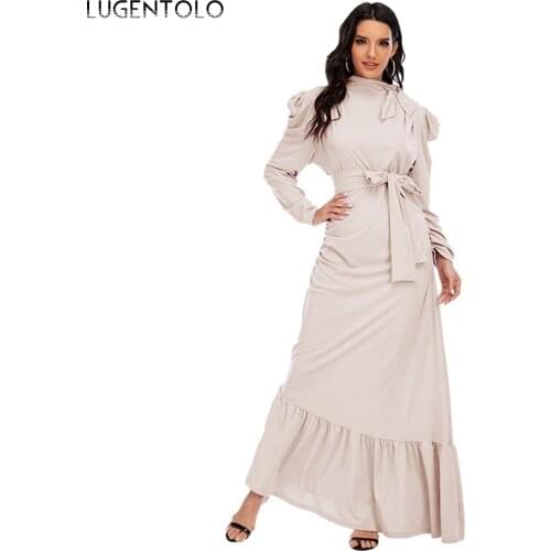 Women Elegant Dress Long Sleeve Fashion Muslim Folds Dresses Ladies Solid Bow Bandage Slim Temperament Long Dress