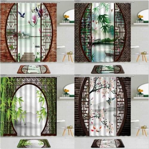 2Pcs Chinese Style Landscape Painting Shower Curtain Screen Green Bamboo Plum Blossom Bird Fish Bathroom Non-Slip Bath Mat Set