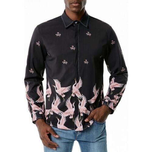 2020 new long sleeve shirt casual Crane printed shirts for men loose high quality blouse