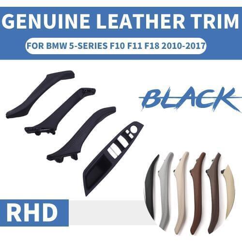 4/7PCS Genuine Leather Right Hand Drive RHD For BMW 5 series F10 F11 F18 52 Black Car Interior Door Handle Inner Panel Pull Trim