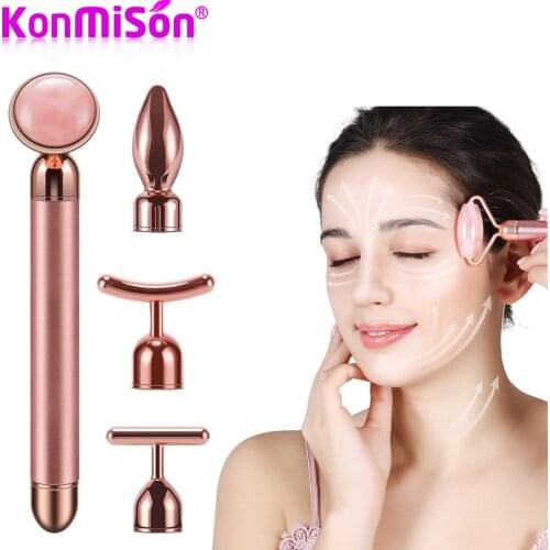 4 In 1 Electric Natural Jade Roller Face Slimming Massage Lifting Vibrating Rose Quartz Jade Roller Stone Facial Beauty Tool