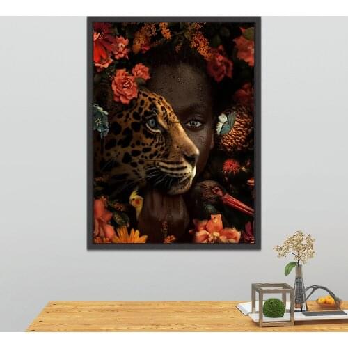 African Art Black Woman and Tiger Rose Bird on Canvas Painting Modern Fashion Poster and Prints Wall Art Picture for Living Room