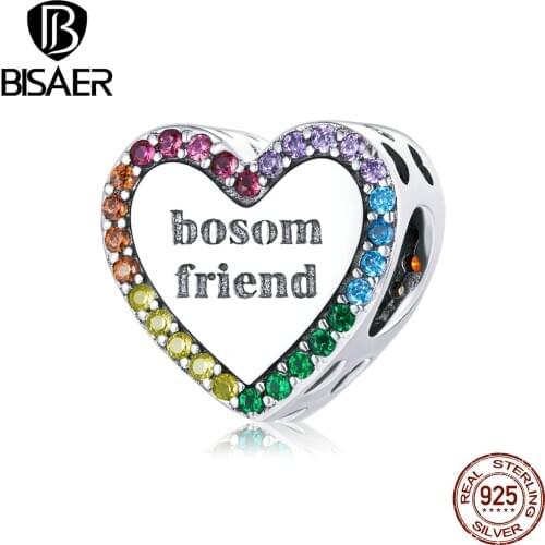 BISAER New Beads 925 Sterling Silver Bosom Friend Heart Charms Colorful CZ Pendant Fit DIY Bracelet Necklace Jewelry ECC1759