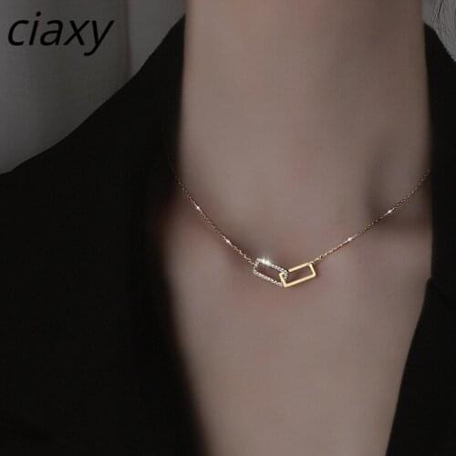 CIAXY 925 Sterling Silver Shiny Zircon Double Square Necklace for Women Temperament Clavicle Chain Choker Necklace Party Jewelry